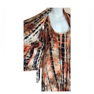 JOSTAR 2 piece Sleeveless Tie-Dye Asymmetrical  Dress, Jacket in Earth Tones. L